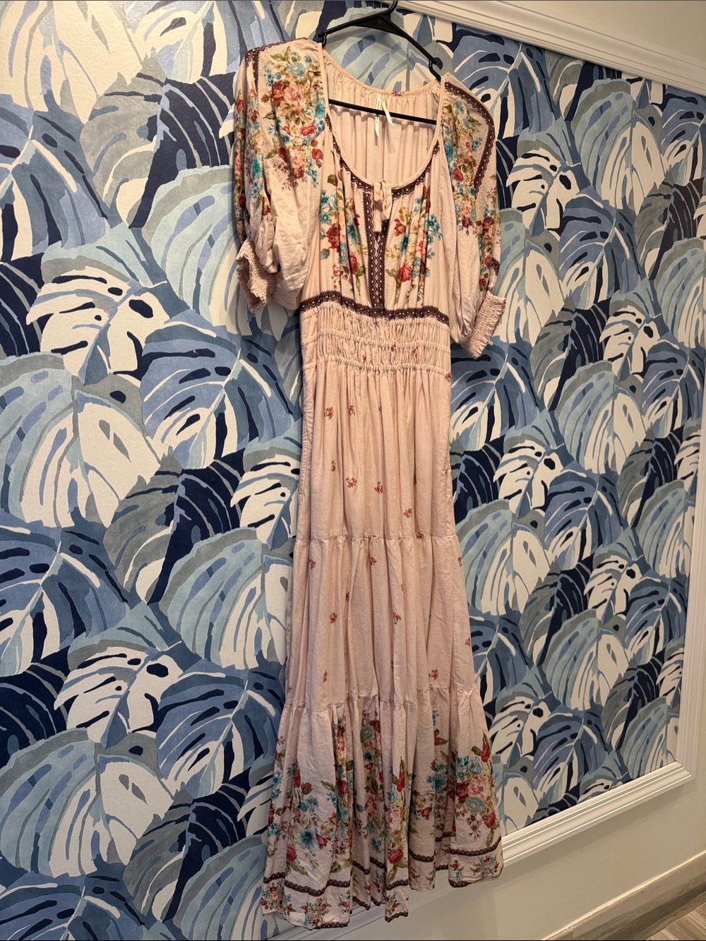Anthropologie Blush Pink Floral Embroidered Maxi Dress
